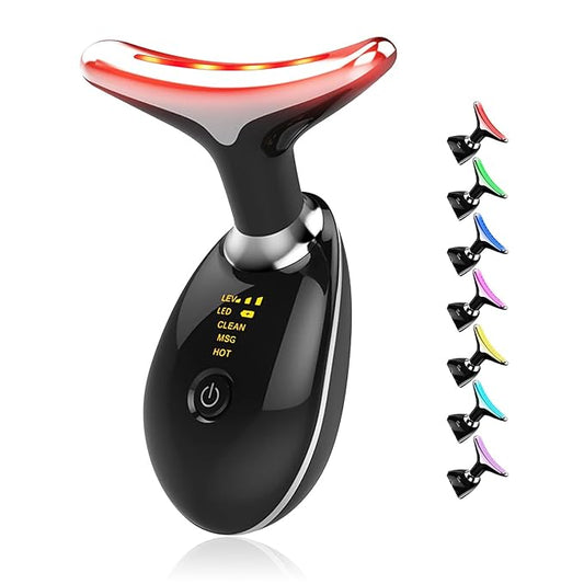 Face Massager with Led Light: 7-Color Facial Device - Neck Wrinkles Tightening Wand - Vibration Tool for Skin Care, Black