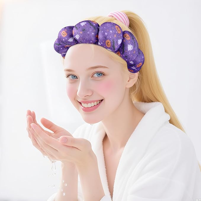 Zkptops Spa Headband for Washing Face Wristband Set Sponge Makeup Skincare Velvet Fabric Bubble Get Ready Hairband Puffy Headwear Non Slip Thick Thin Hair Accessory Gift for Women Girls(Halloween)