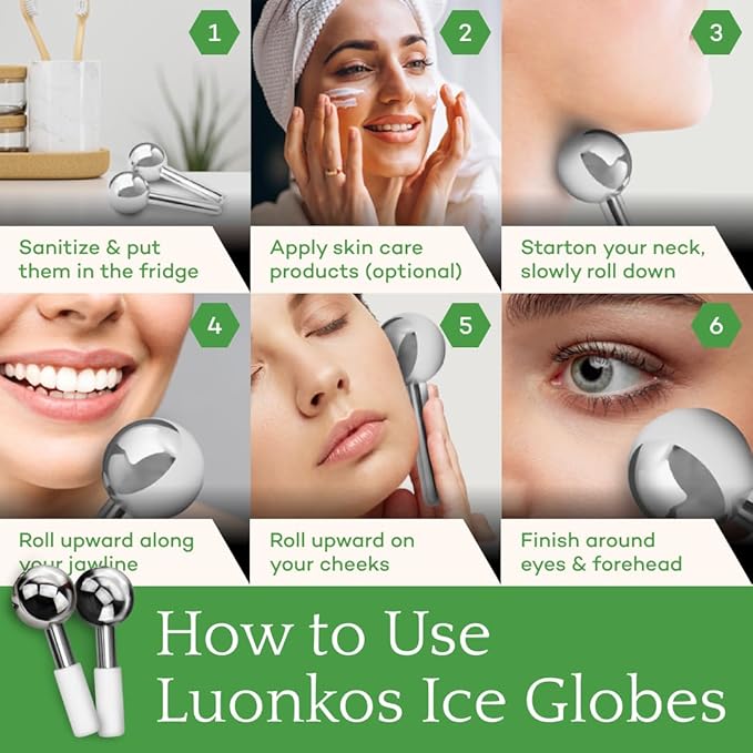 LUONKOS Gua Sha Ice Globes - Set of 2, Silver Stainless Steel - Facial Massage Tool & Lymphatic Drainage Massager - Reduces Puffiness, Fine Lines & Dark Circles