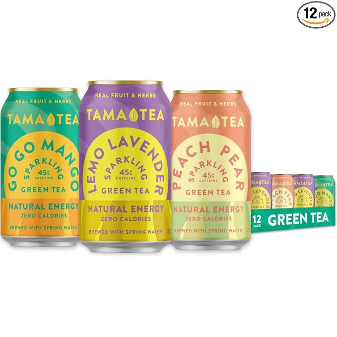 Tama Tea Sugar-Free Sparkling Green Tea Variety Pack – Organic & Naturally Energizing, Zero Calorie, Zero Carb, Non-GMO – Antioxidant-Rich with 45mg Natural Caffeine – 12 oz Cans (12-Pack)