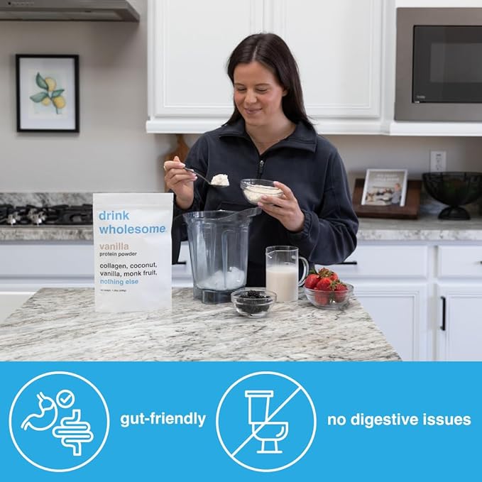 drink wholesome Vanilla Collagen Protein Powder | for Sensitive Stomachs | Gut Friendly | Additive & Dairy Free | No Artificial Sweeteners | No Bloating, Farts or Gas | No Constipation or Diarrhea