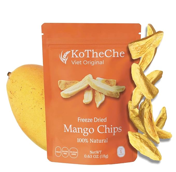 KOTHECHE Freeze Dried Mango, 0.63 oz/Bag (Pack of 4). No Sugar Added, Healthy Snack - Low Calorie Fruit Chips -Gluten Free, Vegan Snack - Dehydrated Crispy Mango in Resealable Bag, Low Carb Superfood for Kids and Adults