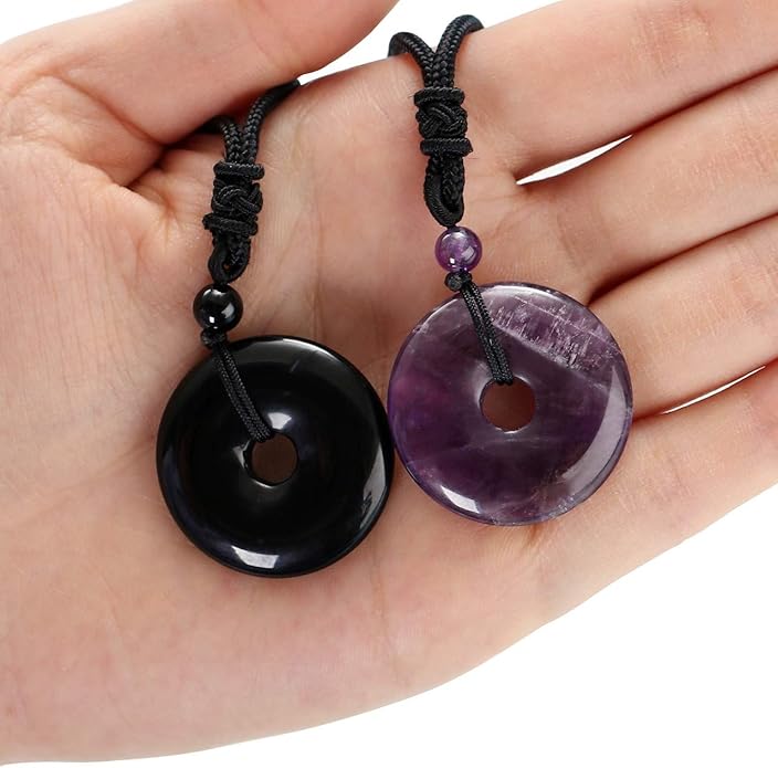 Jovivi 30mm Circle Donut Healing Crystals Necklace Natural Semi-Precious Chakra Gemstone Stone Amulet Lucky Coin Donuts Charm Protection Quartz Reiki Pendant Necklace for Men Women Adjustable Rope
