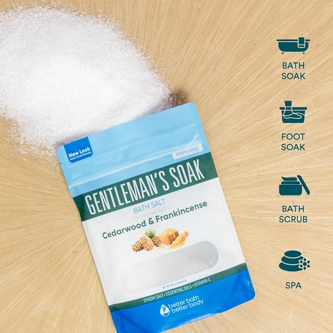 Gentleman's Bath Salt 32 Ounces Epsom Salt with Natural Cedarwood, Frankincense, Eucalyptus and Peppermint Essential Oils Plus Vitamin C in BPA Free Pouch with Easy Press-Lock Seal