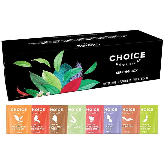 Choice Organic Teas Sipping Box Tea Sampler, Variety Gift Box, 32 Total Tea Bags, 8 Flavors, Caffeinated and Caffeine-Free Teas, Sustainably Sourced Organic and Non-GMO Ingredients