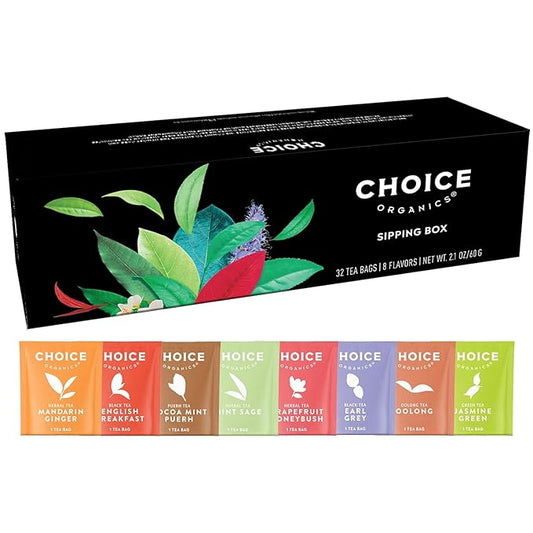 Choice Organic Teas Sipping Box Tea Sampler, Variety Gift Box, 32 Total Tea Bags, 8 Flavors, Caffeinated and Caffeine-Free Teas, Sustainably Sourced Organic and Non-GMO Ingredients