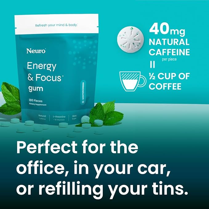 NeuroGum Energy & Focus Gum (90 Count Bag, Wintergreen) | 40mg Natural Caffeine + L-Theanine + Vitamin B12 & B6 + Xylitol | Sugar Free Nootropic Cognitive Brain Performance Supplement
