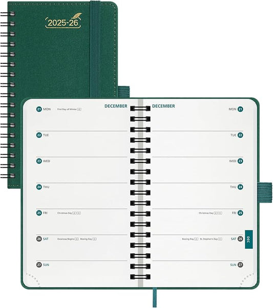 BEZEND Pocket Planner 2026 Weekly and Monthly (3.5" x 6"), 2-Column Calendar Book for Purse (Jul 25-Dec 26), Dual Schedule for Daily Appointment, Spiral Bound, PU Leather Softcover, Evergreen
