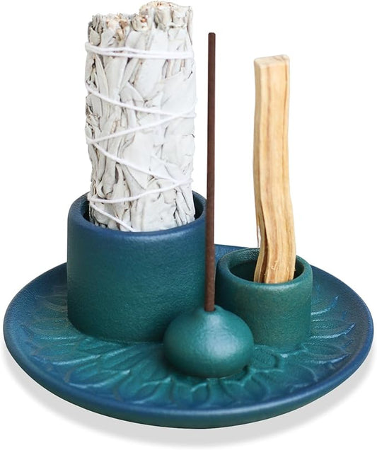 Palo Santo Sticks Holder, Multi-Purpose Handmade Ceramic Incense Burner for Palo Santo Incense Sticks, Sage Holder for Burning, Ash Catcher Tray for Meditation Yoga Room (Blue)