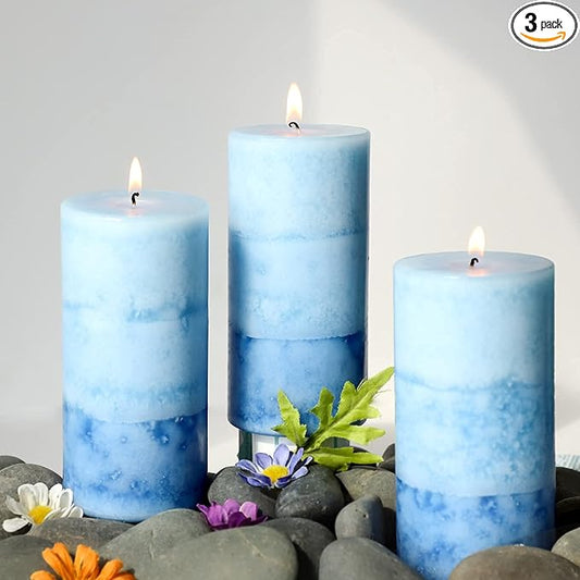 Lilac Scented Pillar Candles - 3 Pack Blue Layered 3x6 Inch Long-Lasting Clean Burning Decorative Candle for Home Decor and Bathroom Decorations