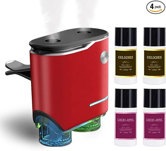 Smart Car Air Freshener, Dual-Channel Diffuser, Long-Lasting Scent Air Freshener Three Adjustable Modes, Aromatizante Para Carro With 4pcs Aromatherapy Oil Oils Rechargeable Intelligent Red