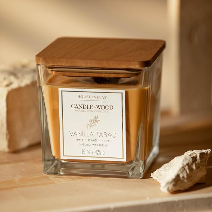 Candle Wood Collection, 15 oz, 1 Wooden Wick, Vanilla Tabac, Square Glass Jar Candle