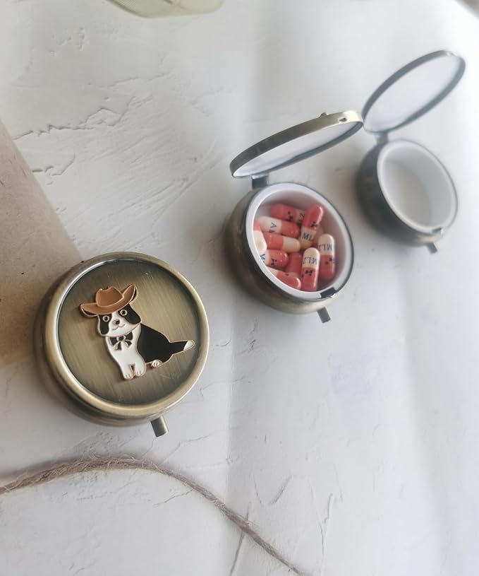 Cute Daily Pill Organizer Box - Round Metal Pill Box Medicine Pill Case Travel Weekly Vitamin Pill Organizer Small Pill Box for Purse, Mini Pocket Pill Case for Purse (Cutedog)