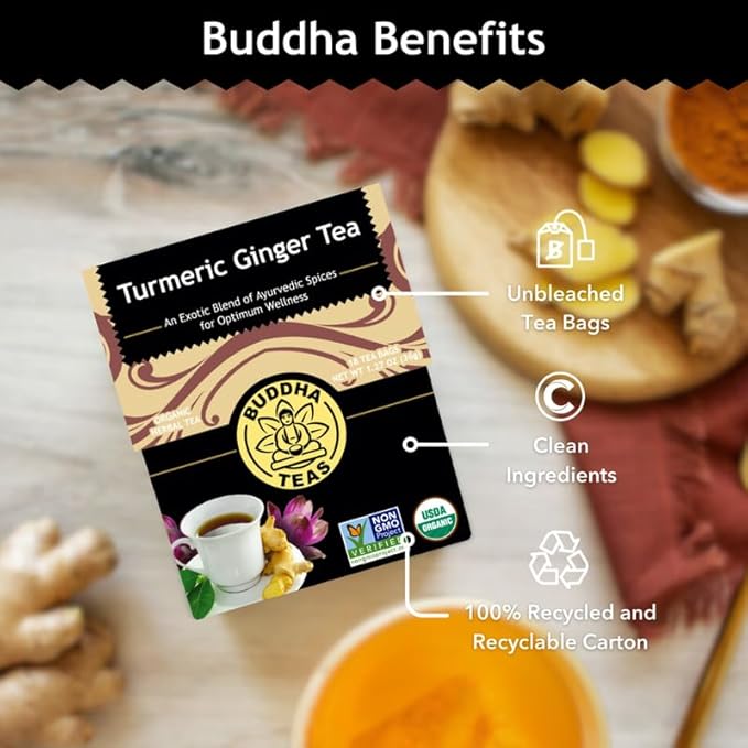 Buddha Teas Organic Turmeric Ginger Tea - OU Kosher, USDA Organic, CCOF Organic, 18 Bleach-Free Tea Bags