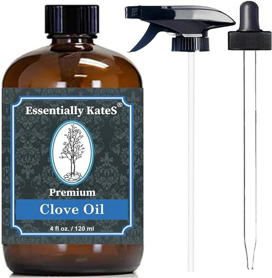 Essentially KateS Clove (Leaf) Oil 4 Fl Oz - Premium Grade Essential Oil for Hair Care, Home Diffusers, Skin, Aromatherapy, Massage and Garden Care - Steam Distilled. Part Used is Leaf.