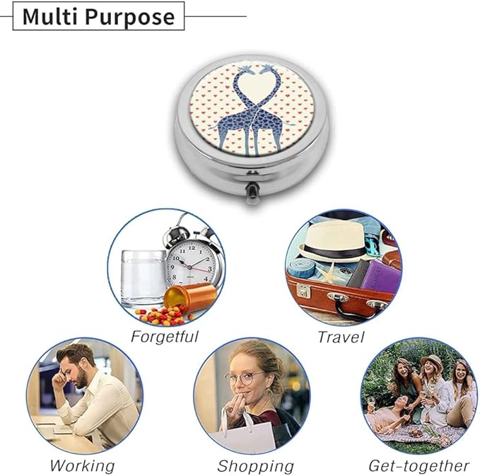 Giraffes Pill Box Purse Pocket Small Round Silver Pill Case Decorative Box Metal Medicine Vitamin Pill Organizer Portable Unique Gift