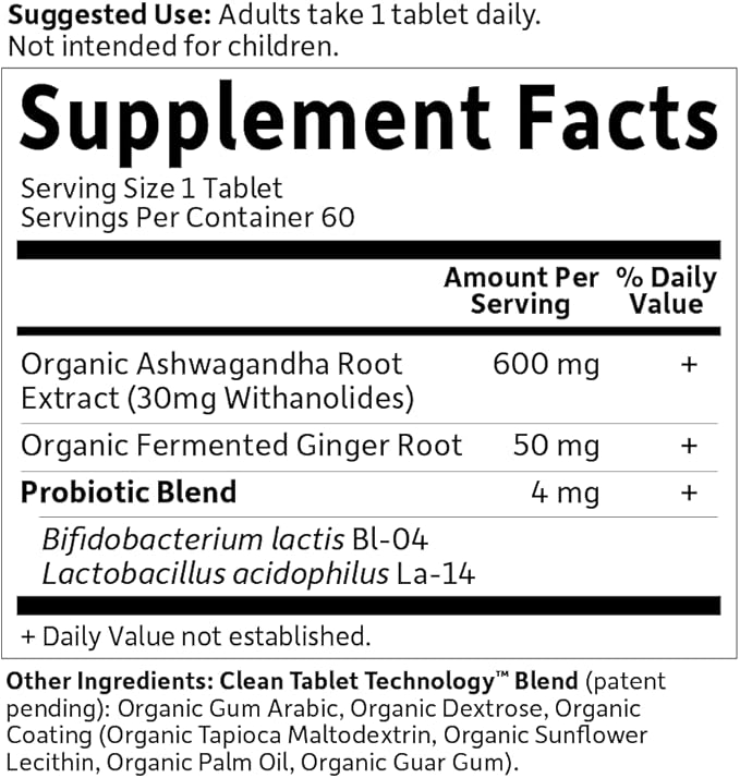 Garden of Life Organic Ashwagandha Supplement with Probiotics & Ginger - Stress, Mood & Energy Support, Vegan, Gluten Free, Non GMO, 2 Month Supply, 60 Tablets