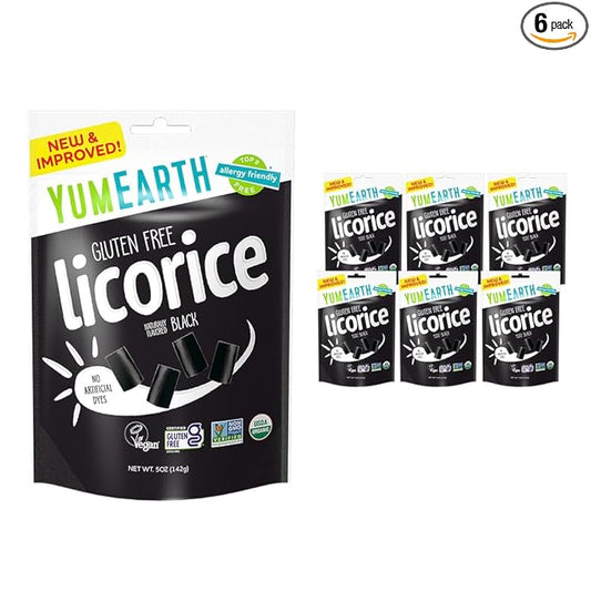 YumEarth Organic Gluten Free Black Licorice Snack Packs - Allergy Friendly, Gluten Free, Non-GMO, Vegan, No Artificial Flavors or Dyes - 5 Ounce (Pack of 6)