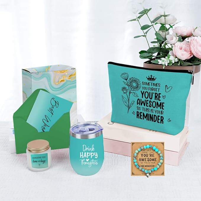 Insparational Self Care Birthday Gifts for Women, Thank You Get Well Soon Thinking of You Gifts for Women, Grandma Friends Sister Christmas Wine Tumbler Makeup Bag Scented Candle Bracelet Basket