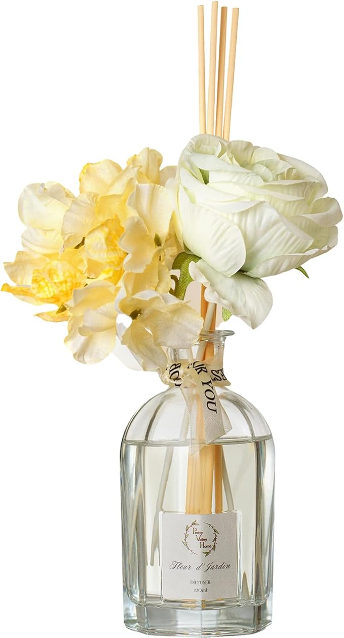 Reed Diffuser Set, Pretty Valley Home Dried Flowers Diffuser 120Ml / 4.05 fl OZ Gift Box - Includes Sticks, Long Lasting Fragrance Oil and Glass Bottle for Office Living Room Decor (Fleur d Jardin)