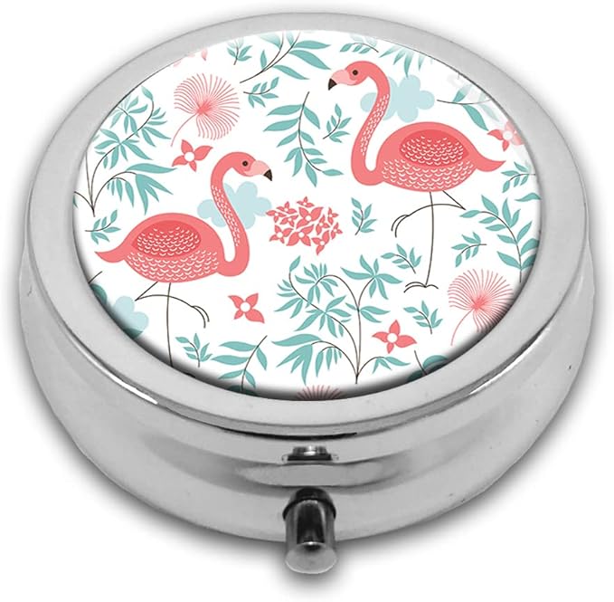 A Pink Flamingo Pill Box Purse Pocket Small Round Silver Pill Case Decorative Box Metal Medicine Vitamin Pill Organizer Portable Unique Gift