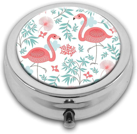 A Pink Flamingo Pill Box Purse Pocket Small Round Silver Pill Case Decorative Box Metal Medicine Vitamin Pill Organizer Portable Unique Gift