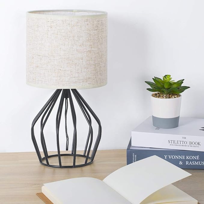 HAITRAL Black Modern Table Lamp - Minimalist Small Bedside Lamp with Hollowed Out Base Linen Fabric Shade, Vintage Nightstand Lamp for Bedroom Living Room Side Table Desk Kids Room