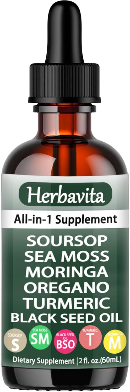 Herbavita Soursop Liquid Drops 10 in 1 with Sea Moss, Moringa, Turmeric, Black Seed Oil – Vegan, Non-GMO Immune & Energy Support – 2 fl oz