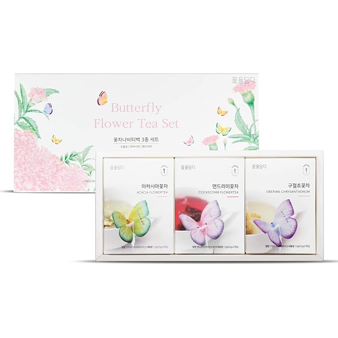 KKOKDAM Korean Tea Gift Set Sampler – 3 Flavor Pink Butterfly Tea Bag Sampler – Elegant Box for Tea Lovers - Perfect as Korean Gifts for Women
