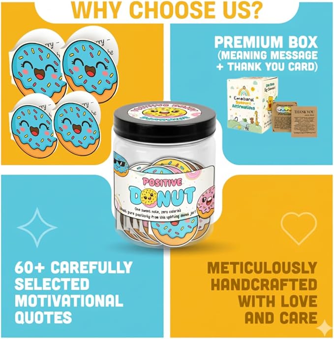 60 Positive Donut Cards Jar, Affirmation Cards for Women, Emotional Support Donuts, Donut Gifts, Donut Themed Gift, Gifts for Women, Teen Girl Gift Trendy Stuff
