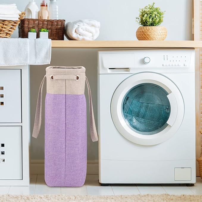 i BKGOO Laundry Basket with Handles Beige&Purple Slim Laundry Bin Collapsible Dirty Clothes Basket Narrow Laundry Bag Foldable Dirty Hamper for Camping, Dorms, Apartments