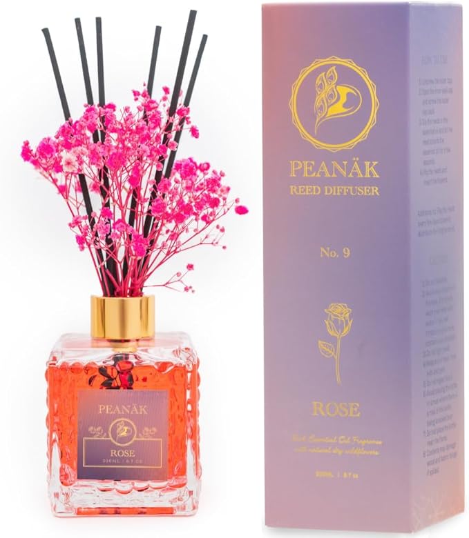 Reed Diffuser Set - Rose Honey Oil, Oil Diffuser Sticks, Bathroom Diffuser, Bathroom Decor, 200ml with Preserved Flowers - PEANÄK