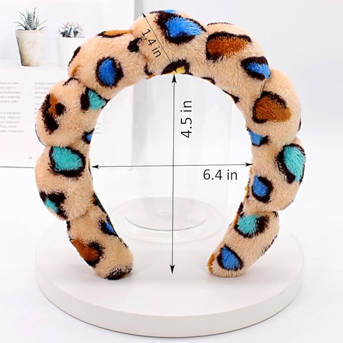 Spa Headbands for Washing Face or Makeup, Sponge Bubble Skincare Headbands, Puffy Terry Cloth Hairband for Women, Skin Care Makeup Headwear Hair Accessories for Girls (Leopard Brown)