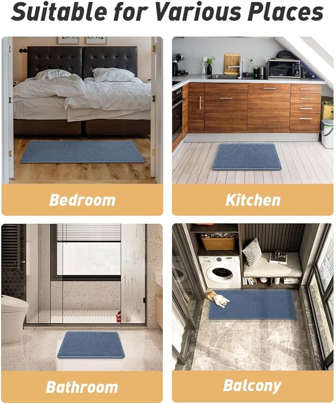 AMOAMI Upgraded Waffle Runner Rug Super Absorbent Non Slip Bath Mats for Bathroom Machine Washable Bathroom Runner Rug with Tassels, Ideal for Hallway Bedroom Laundry Room, 17" x 60", Blue