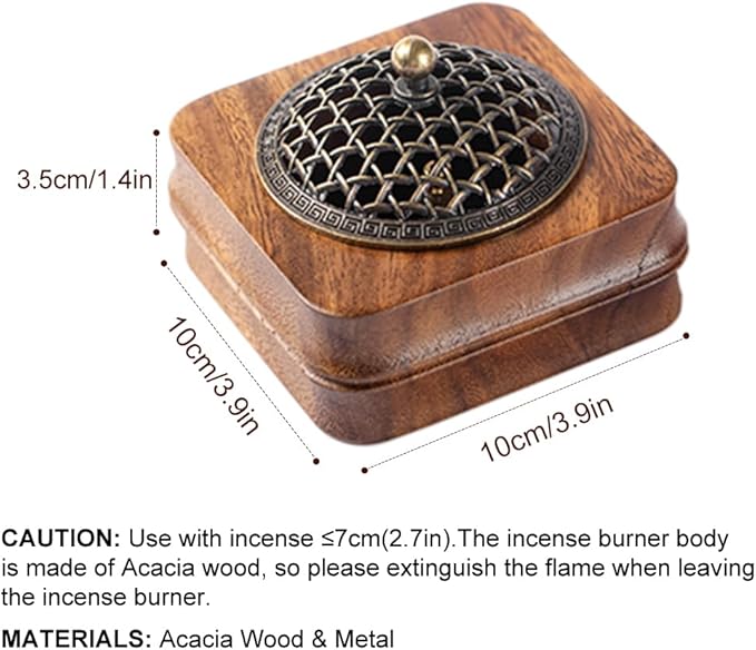 Bamboo Node Walnut Wood Incense Burner Holder - 4" Handcrafted Square Censer with Alloy Lid for Sticks/Cones/Yoga & Meditation (Natural Wood, Zen Home Décor)