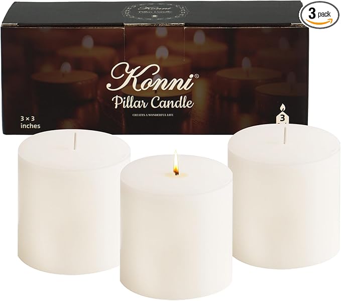 KONNI White Pillar Candles Set of 3, 3"x 3" Unscented Pillar Candles Bulk, 30 Hours Long Burning Candles, Smokeless&Dripless Large Round Candle for Wedding, Home Decoration, Parties, Spas, Dinner