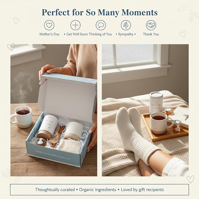 UnboxMe Tea Gift Basket Care Package for Women - Self Care Box with Cozy Socks, Mug, Chai Tea, Honey & Cinnamon, Get Well Soon, Thinking of You