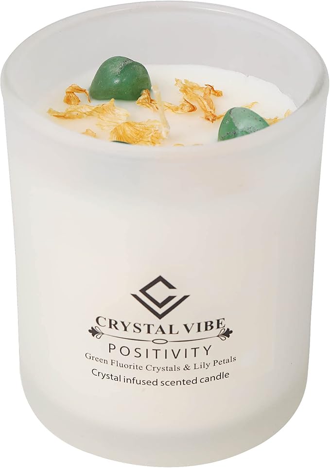 Crystal Vibe Verbena Scented Candle with Green Fluorite Crystals and Lily Petals for Home Decor - Crystal Candle for Positivity - Aromatherapy Candles - Gifts for Christams Birthdays