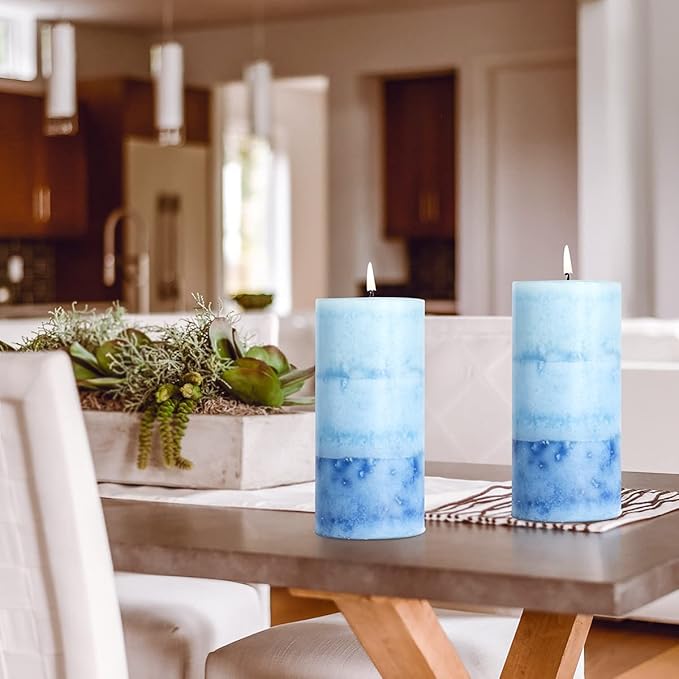 Lilac Scented Pillar Candles - 3 Pack Blue Layered 3x6 Inch Long-Lasting Clean Burning Decorative Candle for Home Decor and Bathroom Decorations