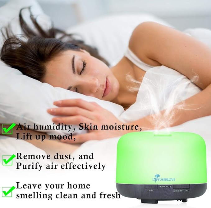 Diffuserlove Essential Oil Diffuser 500ML Aromatherapy Diffuser Mist Humidifiers 7 Color LED Lights Diffusers for Home Office Bedroom (Size:6.7" L x 6.7" W x 4.7" H)
