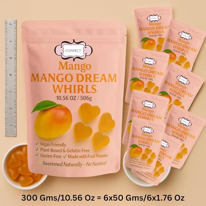 Confect Mango Dream Whirls Fruit Gummies – Vegan Candy – 6 Packs x 1.76 oz – Gluten-Free, No Corn Syrup, Heart Shape