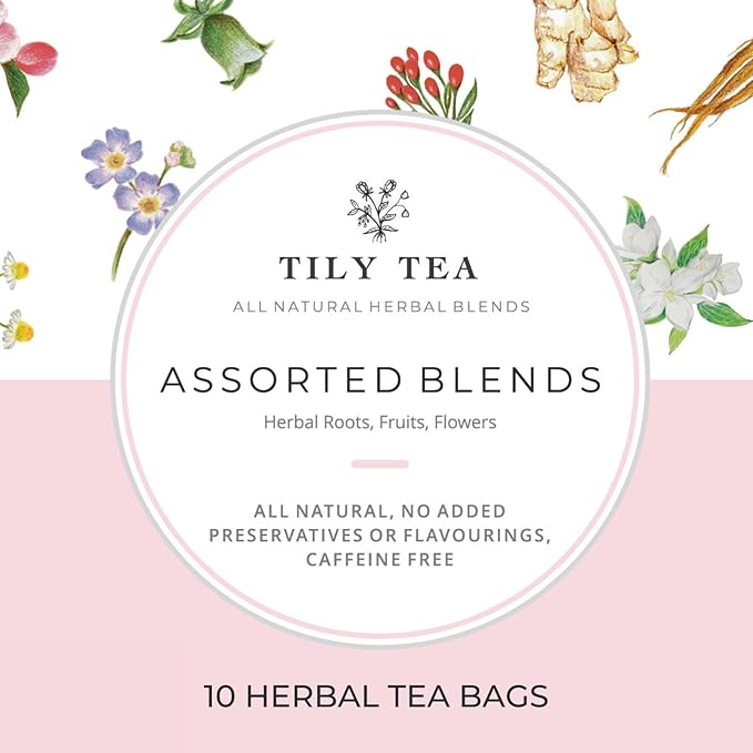 Tily Tea Assorted Herbal Tea Box - 5 Flavors of Caffeine-Free Tea - Morning Shine, Through the Day, Evening Calm, Perfect Pairing, Radiant Glow - 10 Plastic-Free Pyramid Tea Bags