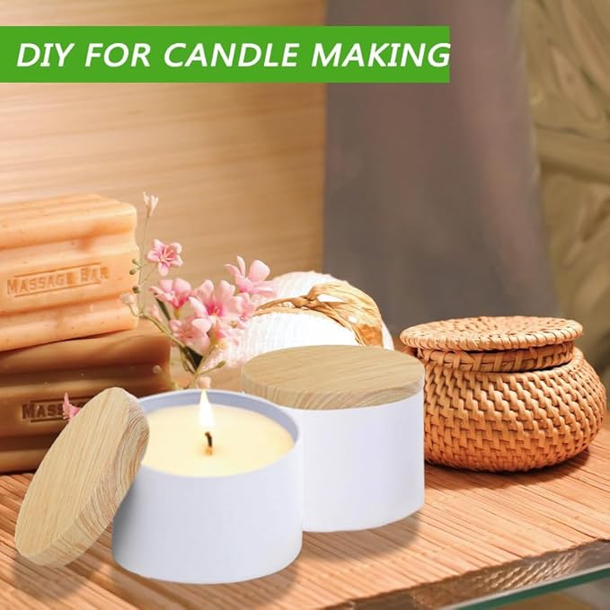 ABK 4oz White Candle Tins, 24 PCS Matte Mental Jars With Wood Grain Lids for Making, Bulk Containers