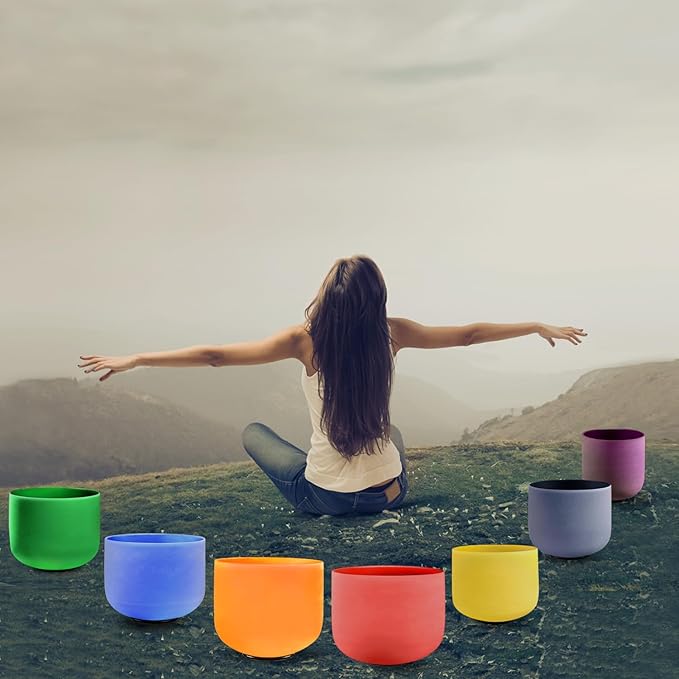 KRESEC 432Hz 6-12 Inch Crystal Singing Bowls Set of 7 – Multicolored Quartz Chakra Tuned Sound Healing Bowls for Meditation, Yoga & Reiki with Padded Cases, Suede Mallets & Silicone O-Rings