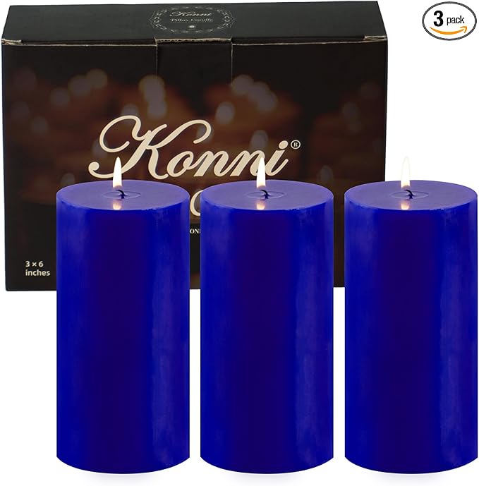 KONNI Classic Blue Pillar Candles Set of 3, 3"x 6" Unscented Pillar Candles Bulk, 56 Hours Long Burning Candles, Smokeless&Dripless Large Round Candle for Wedding, Home Decoration, Parties, Spas