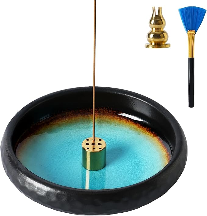 Ceramic Incense Burner,Handmade Incense Stick Incense Burner Reflux Burner,Sage, Coil Incense, Ash Catcher, Smudge Bowl for Yoga Meditation Room Décor,Crack Blue