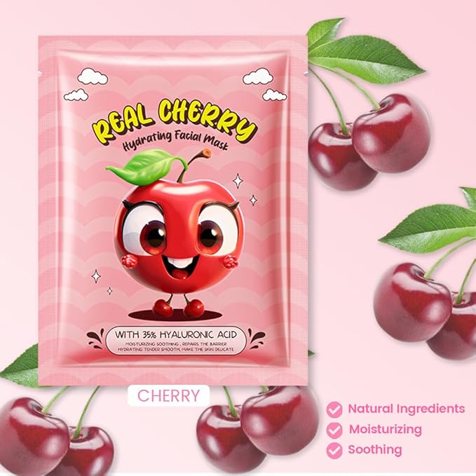 Kaely 10 Pack Cherry Face Masks for Kids, Kids Face Mask Spa Day Kit Supplies, Spa Party Favors for Teens Girls Women, Sheet Facial Mask Skincare Gifts Set, Moisturize Soothe for All Skin Types, 06