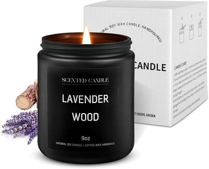 Lavander Wood Scented Candles for Home Scented Aromatherapy Candles, Hand-Poured, 9 OZ, 50H Clean Burn,Soy Wax Candle Gift Set for Women Men