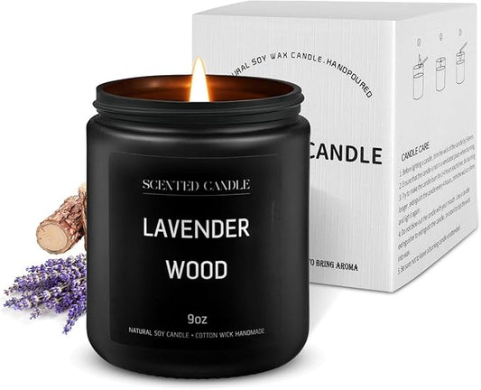 Lavander Wood Scented Candles for Home Scented Aromatherapy Candles, Hand-Poured, 9 OZ, 50H Clean Burn,Soy Wax Candle Gift Set for Women Men