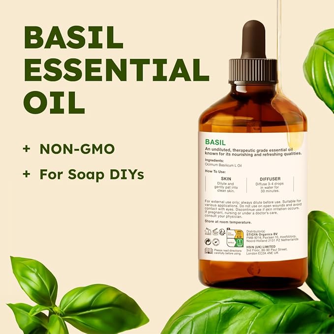 KUKKA Basil Essential Oils - 4 Fl Oz - for Hair, Skin, Diffuser, Aromatherapy & DIY Soap Making Scent